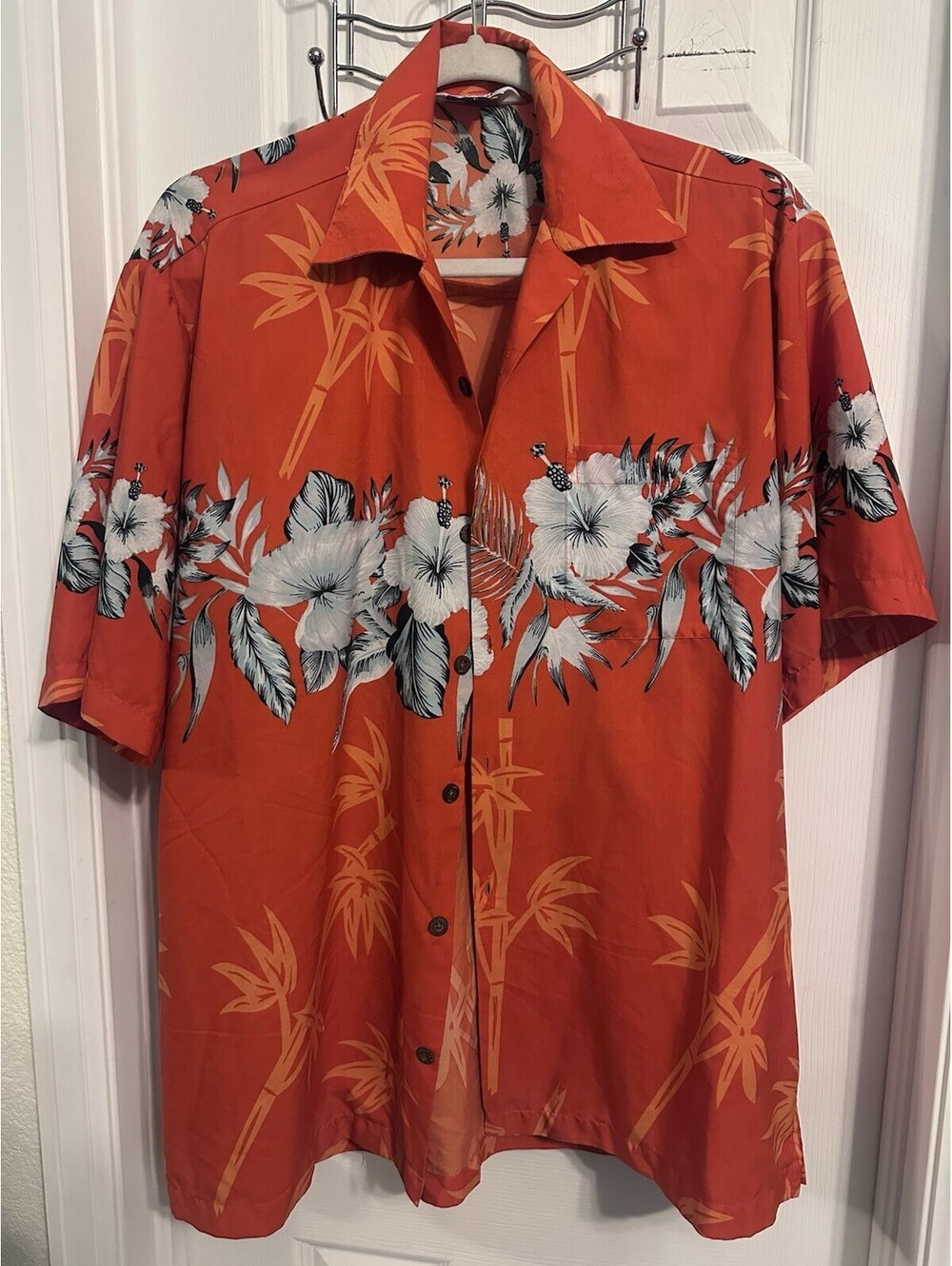Men's Alvish Orange Hawaiian Shirt L Large Button Up Casual Tropical Print